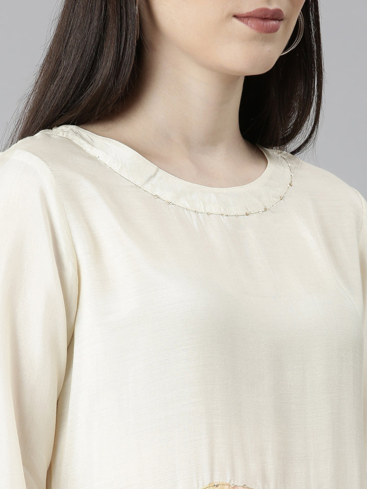 Neerus Cream Regular Straight Floral Kurta And Palazzos