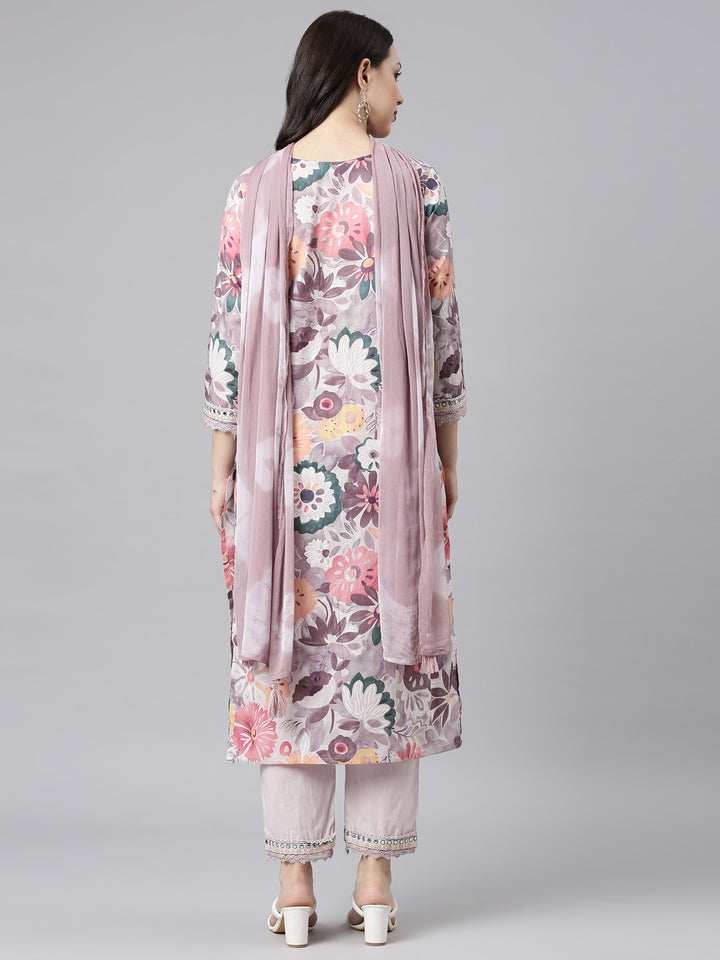 Neerus Purple Regular Straight Kurta and Trousers With Dupatta