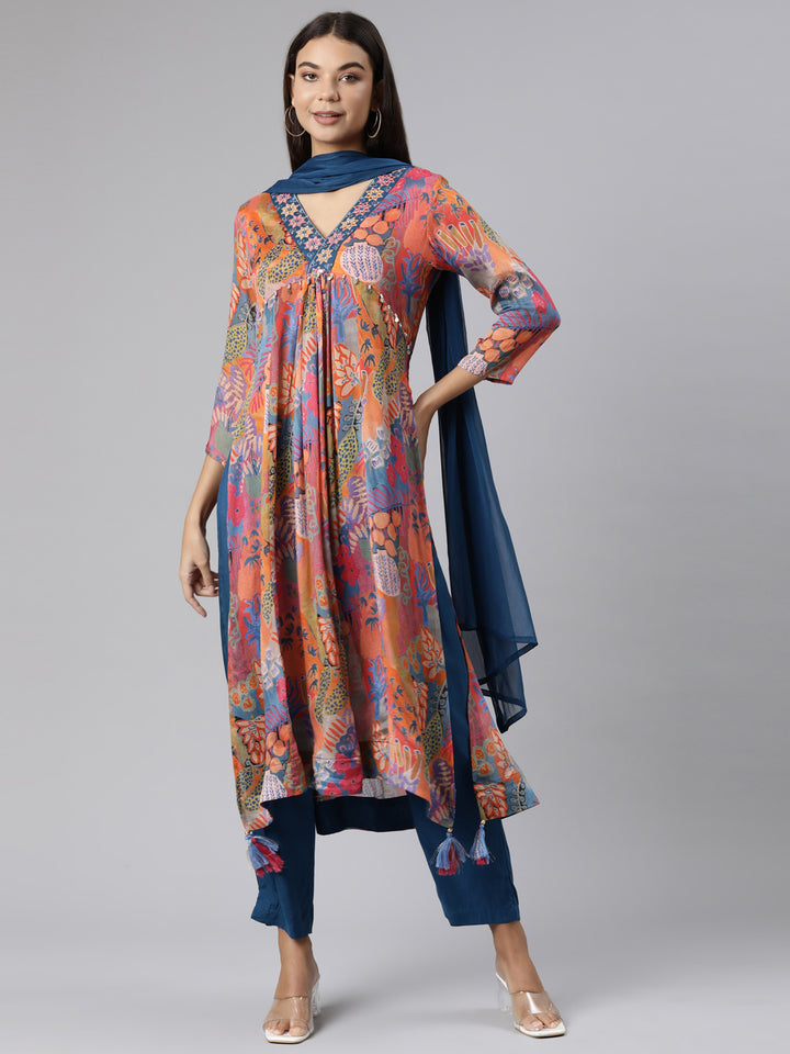 Neerus Multi chiffon printed Nyra cut suit set - front view