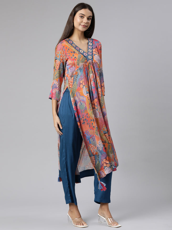 Neerus Multi chiffon printed Nyra cut suit set - back view