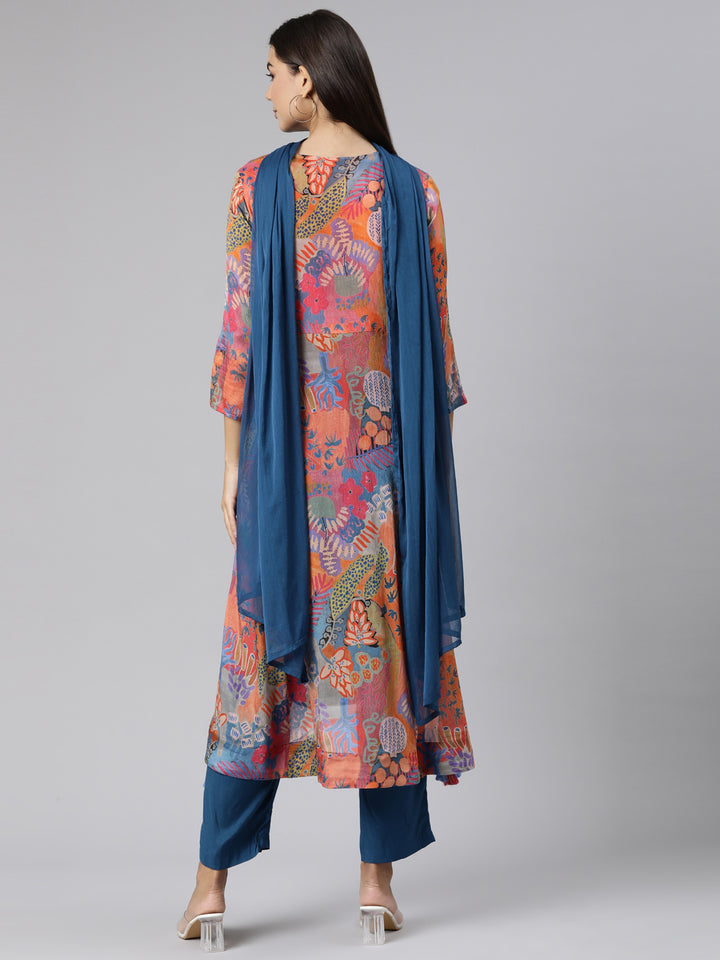 Neerus Multi chiffon printed Nyra cut suit set - side view