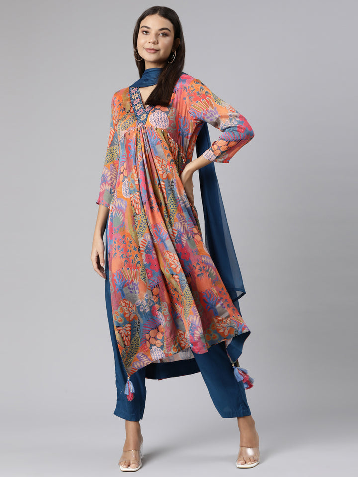 Neerus Multi chiffon printed Nyra cut suit set - detail view 1