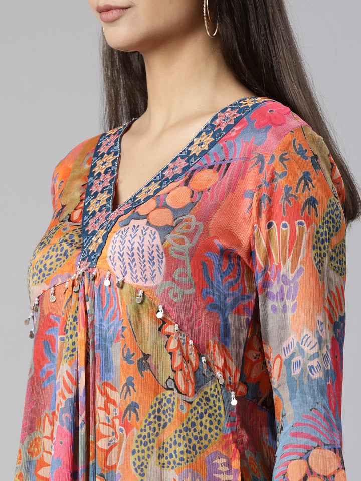 Neerus Multi chiffon printed Nyra cut suit set - detail view 2