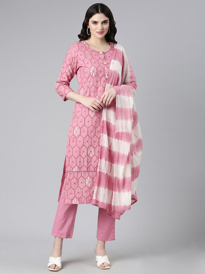 Neerus Pink printed straight kurta set with dupatta - front view