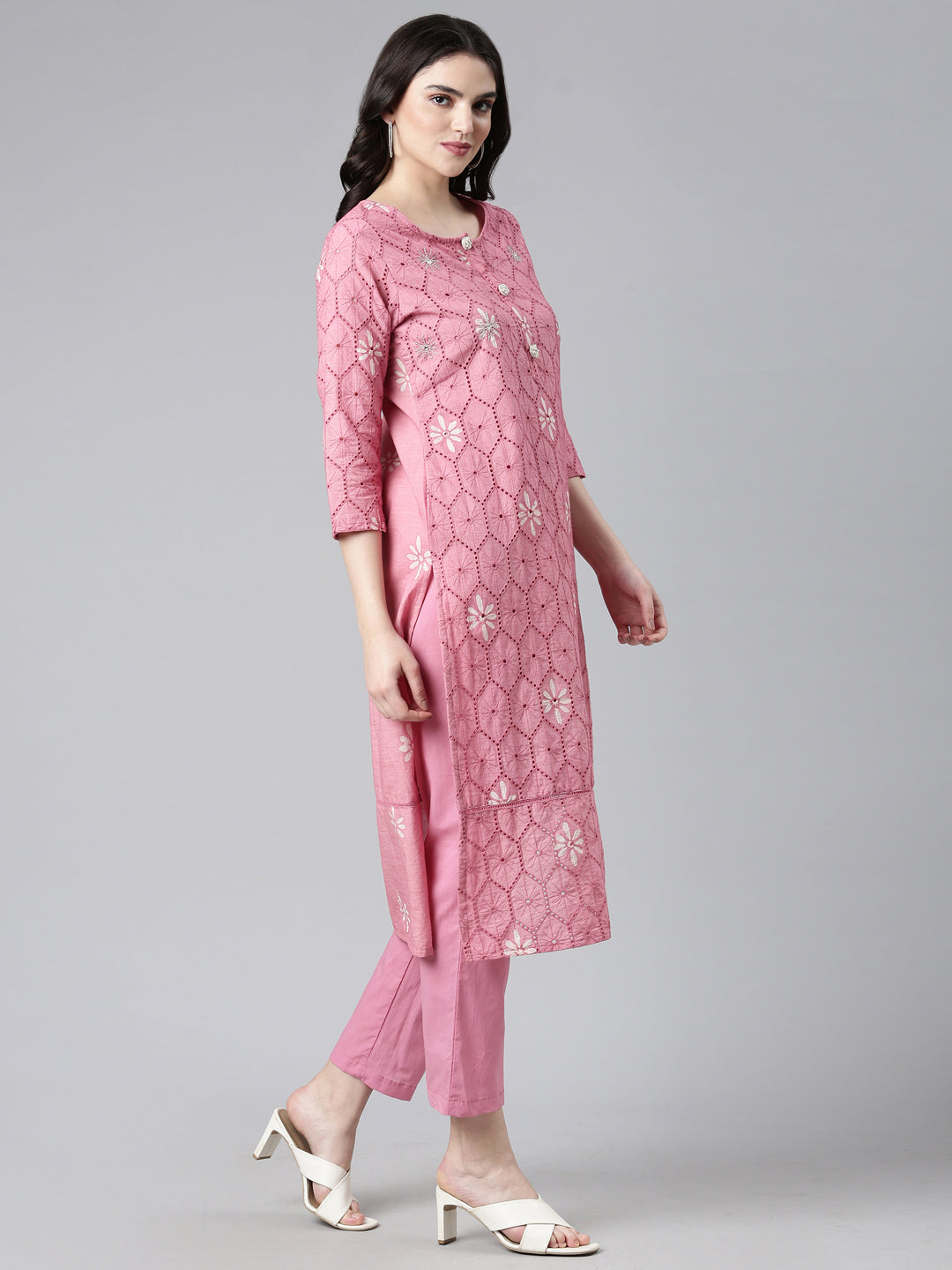 Neerus Pink Regular Straight Printed Kurta And Trousers With Dupatta