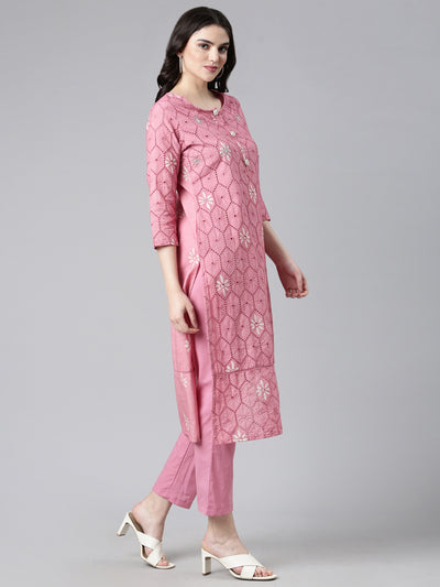 Neerus Pink Regular Straight Printed Kurta And Trousers With Dupatta