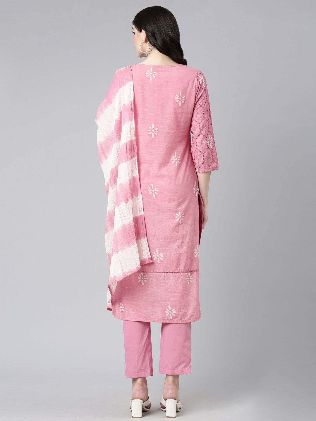 Neerus Pink printed straight kurta set with dupatta - side view