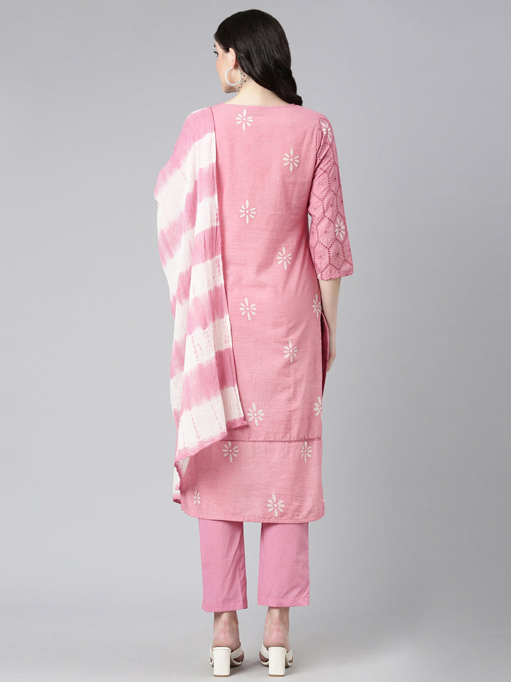 Neerus Pink printed straight kurta set with dupatta - side view