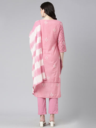 Neerus Pink Regular Straight Printed Kurta And Trousers With Dupatta