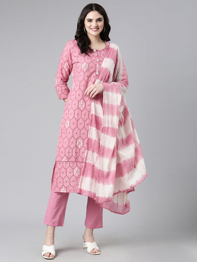 Neerus Pink Regular Straight Printed Kurta And Trousers With Dupatta