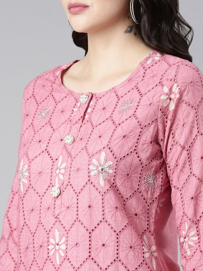 Neerus Pink Regular Straight Printed Kurta And Trousers With Dupatta