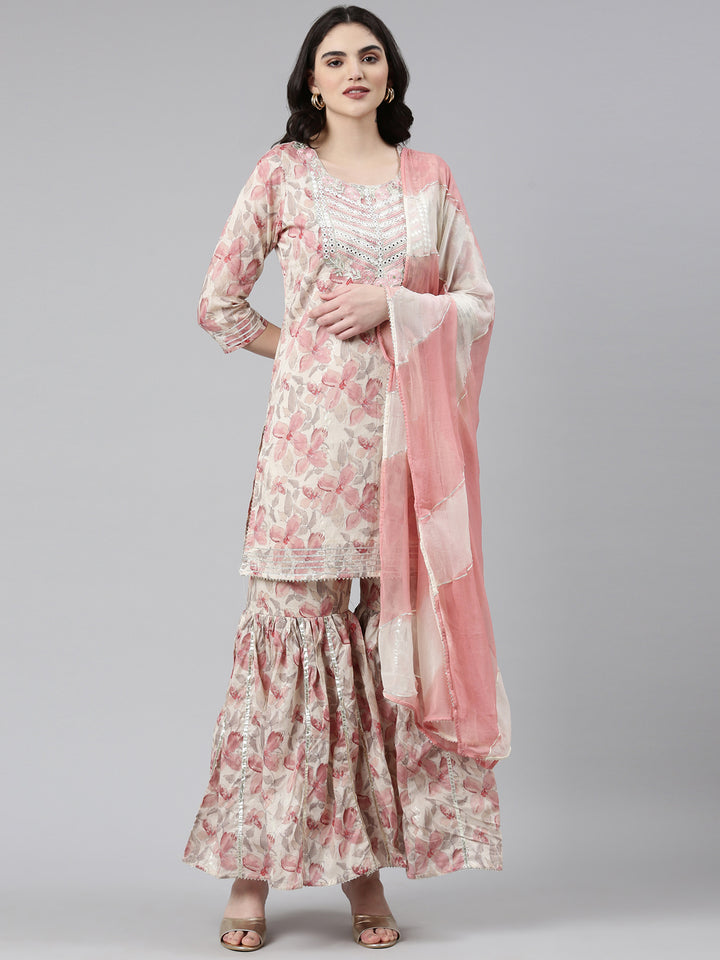 Neerus Beige rayon printed kurta set with sharara and dupatta - front view