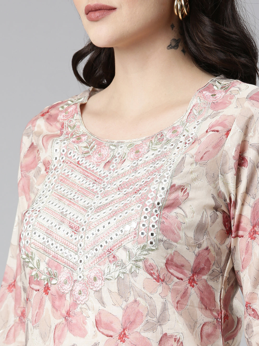 Neerus Beige rayon printed kurta set with sharara and dupatta - detail view 1