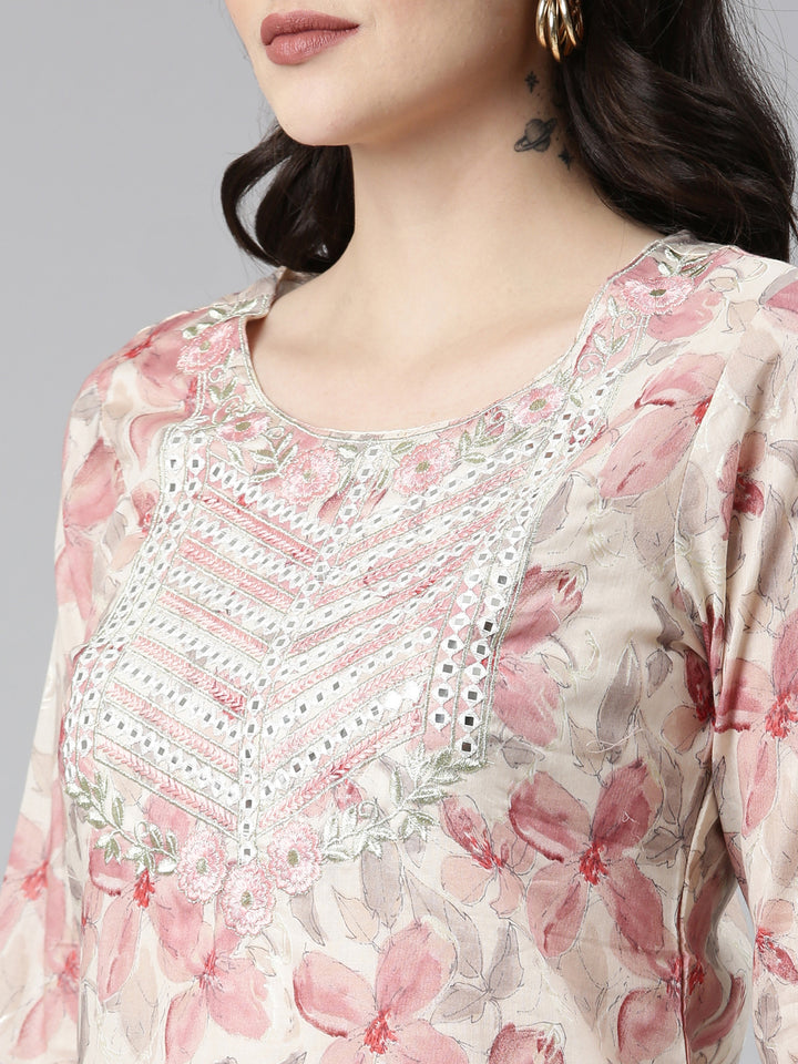 Neerus Beige rayon printed kurta set with sharara and dupatta - detail view 1