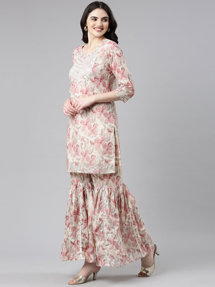 Neerus Beige rayon printed kurta set with sharara and dupatta - back view
