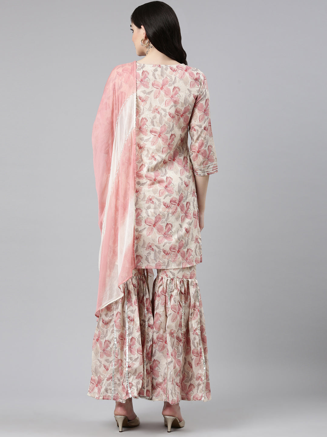 Neerus Beige rayon printed kurta set with sharara and dupatta - side view