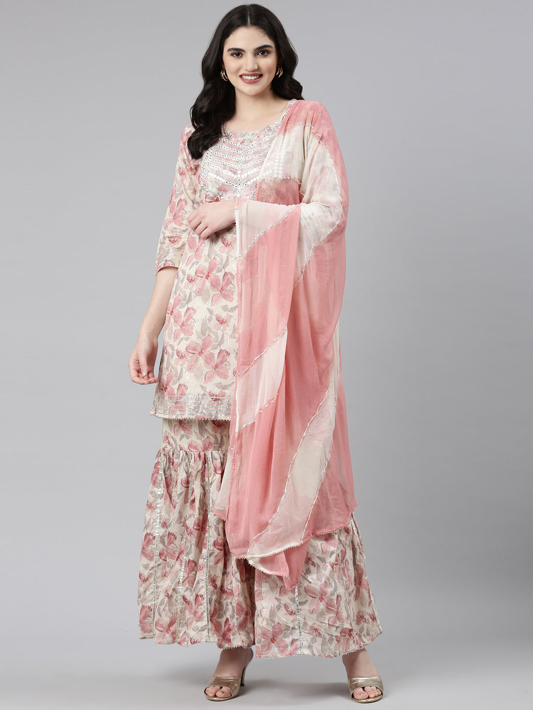 Neerus Beige rayon printed kurta set with sharara and dupatta - detail view 2