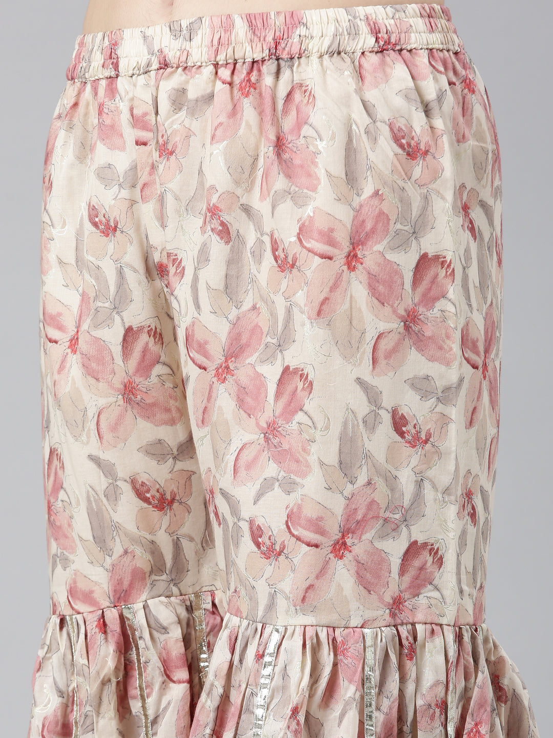 Neerus Beige rayon printed kurta set with sharara and dupatta - detail view 3