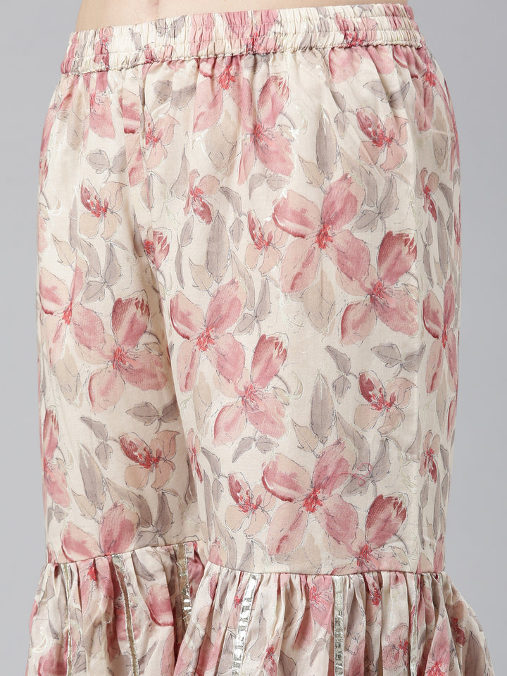 Neerus Beige rayon printed kurta set with sharara and dupatta - detail view 3