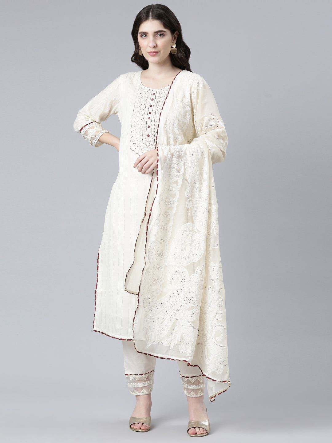 Neerus Cream Regular Straight Solid Kurta And Trousers With Dupatta