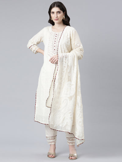 Neerus Cream Regular Straight Solid Kurta And Trousers With Dupatta