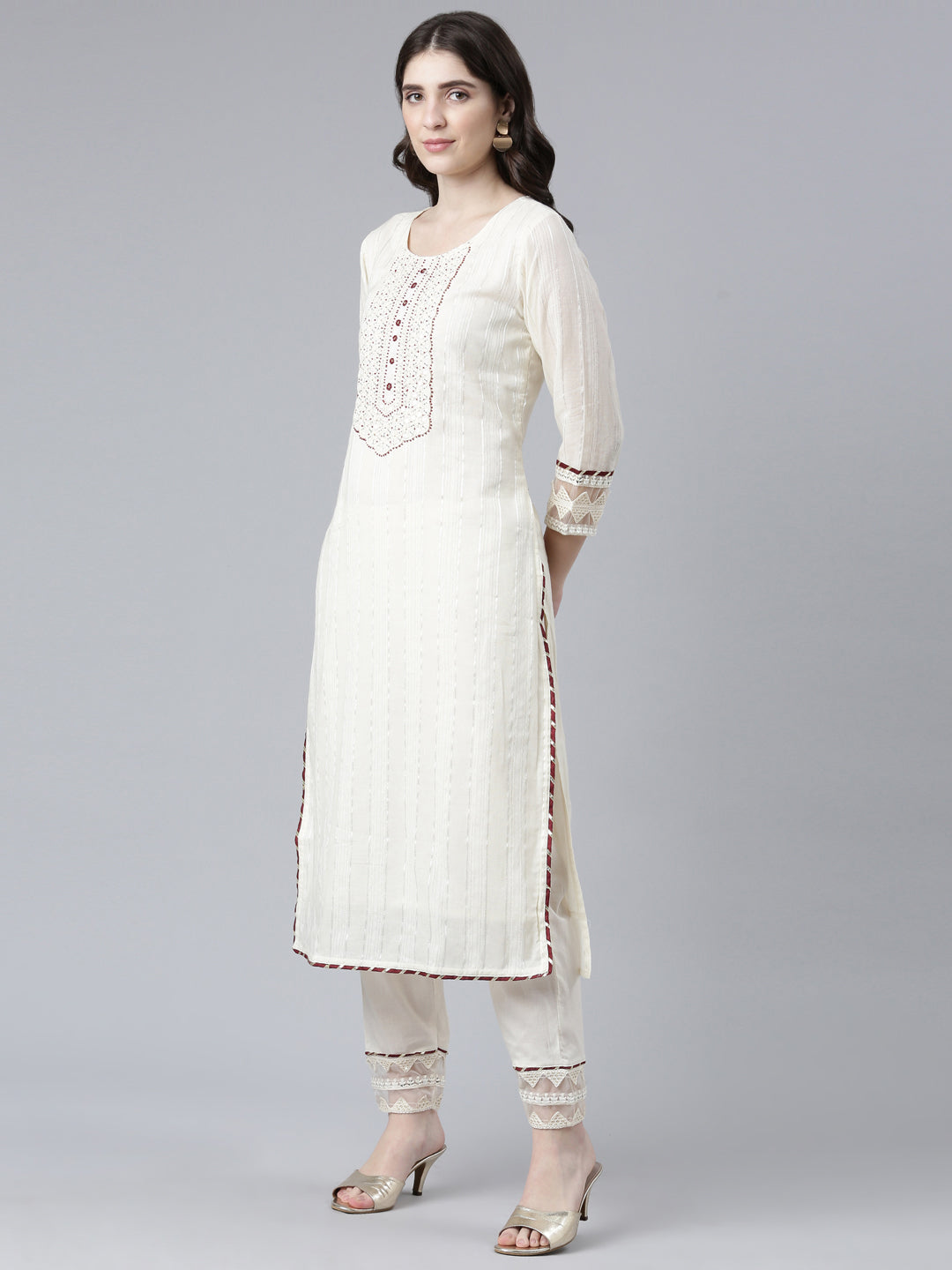 Neerus Cream Regular Straight Solid Kurta And Trousers With Dupatta