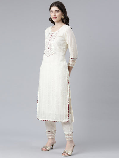Neerus Cream Regular Straight Solid Kurta And Trousers With Dupatta