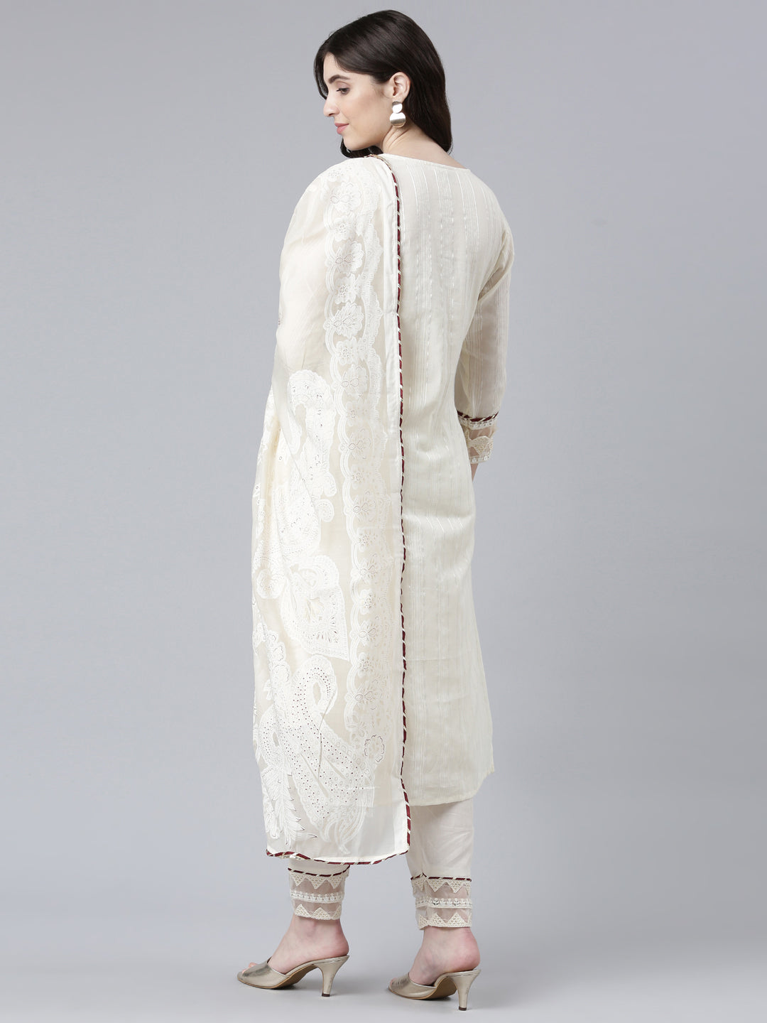 Neerus Cream Regular Straight Solid Kurta And Trousers With Dupatta