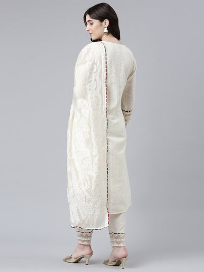 Neerus Cream Regular Straight Solid Kurta And Trousers With Dupatta