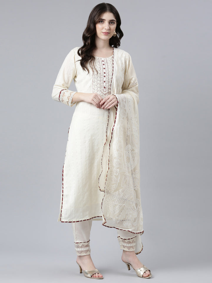 Neerus Cream Regular Straight Solid Readymade suits