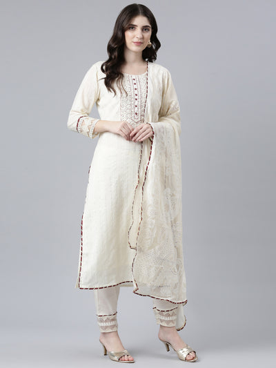 Neerus Cream Regular Straight Solid Kurta And Trousers With Dupatta