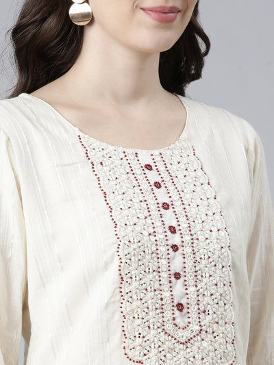 Neerus Cream Regular Straight Solid Kurta And Trousers With Dupatta