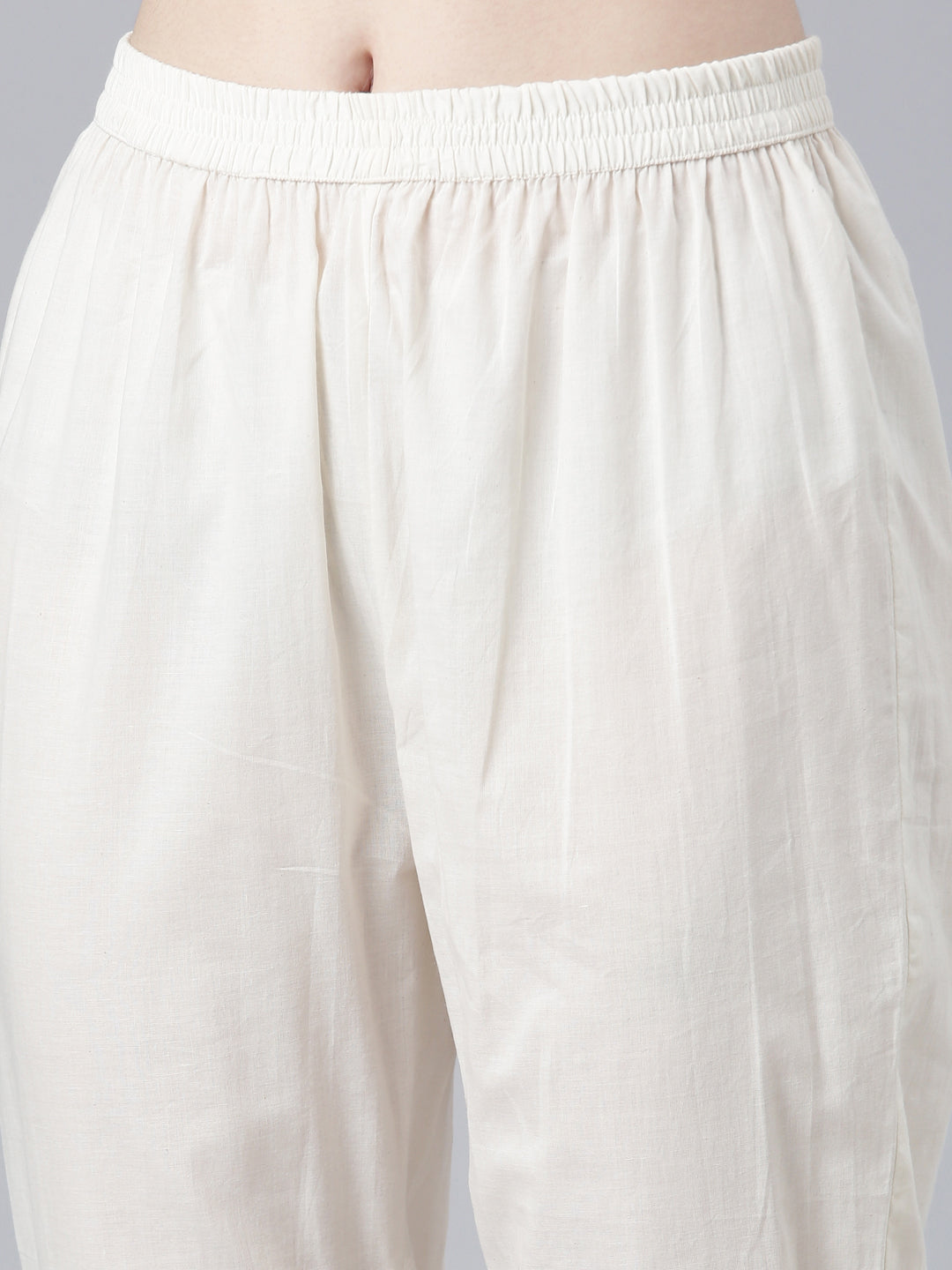 Neerus Cream Regular Straight Solid Kurta And Trousers With Dupatta