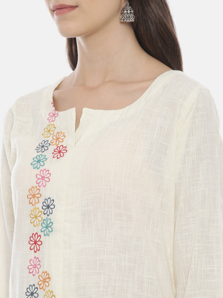 Neerus Beige slub cotton embroidered A-line kurti - detail view 2