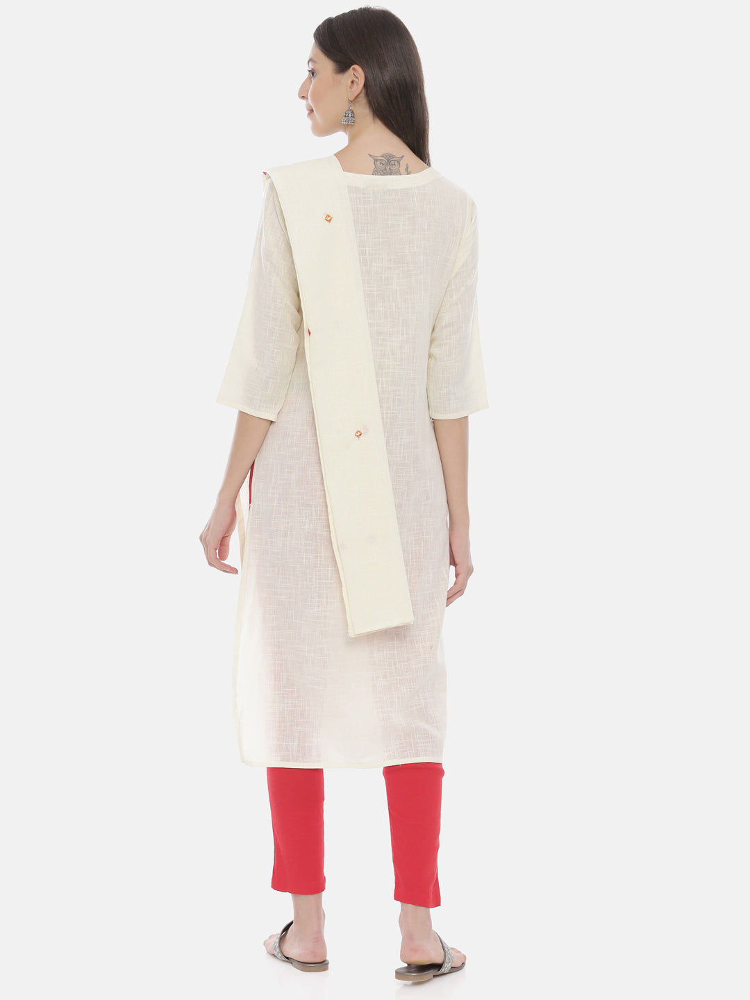 Neerus Beige slub cotton embroidered A-line kurti - detail view 1