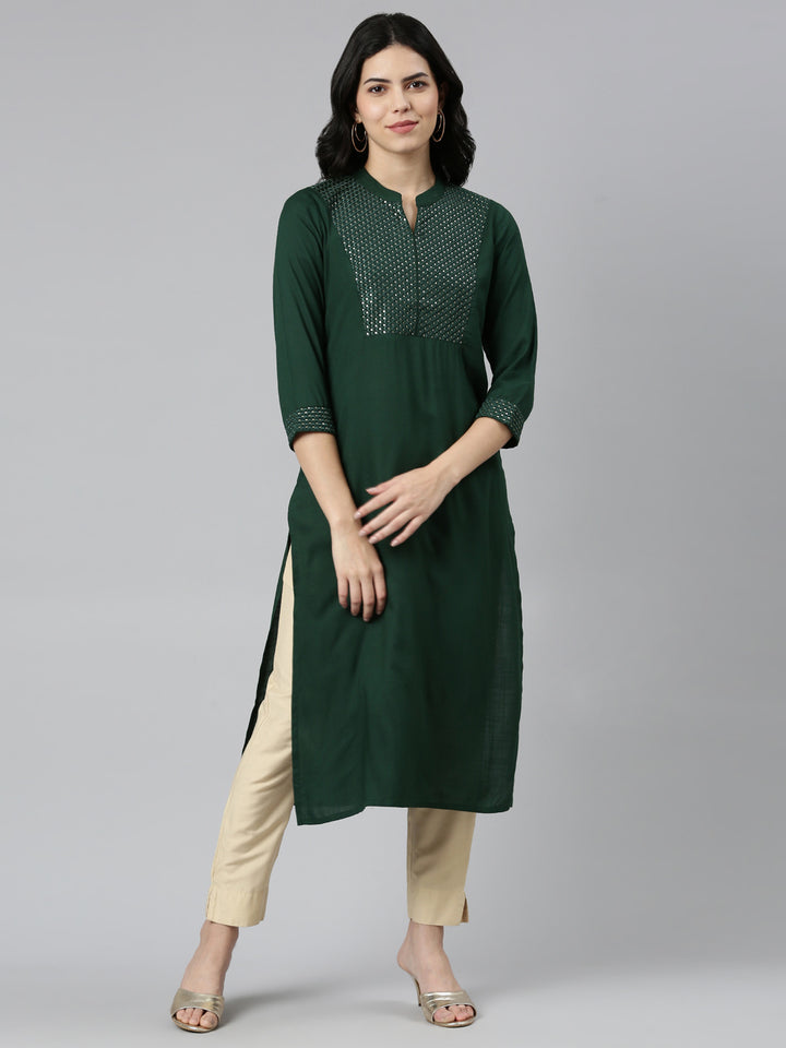 Neerus Green solid tiered straight kurti - front view