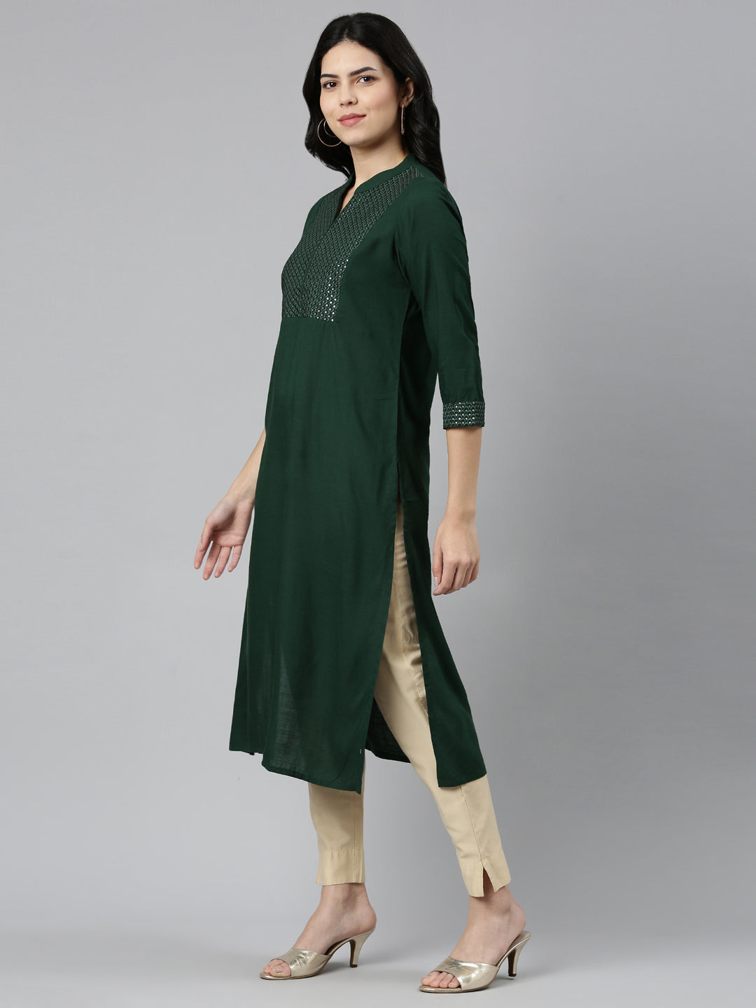 Neerus Green solid tiered straight kurti - back view