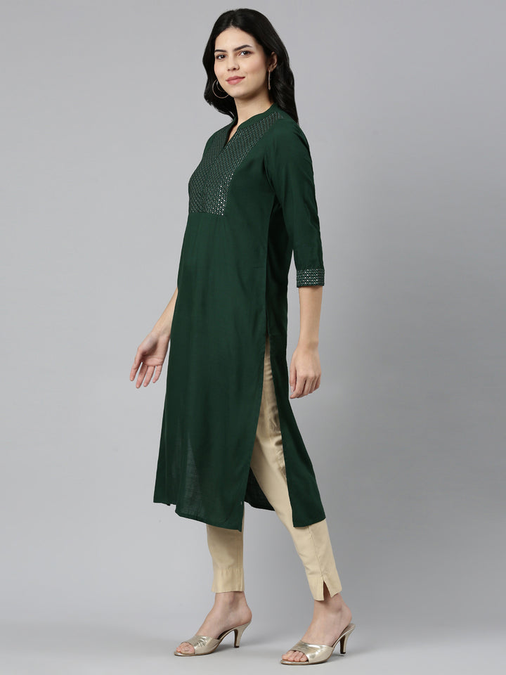 Neerus Green solid tiered straight kurti - back view