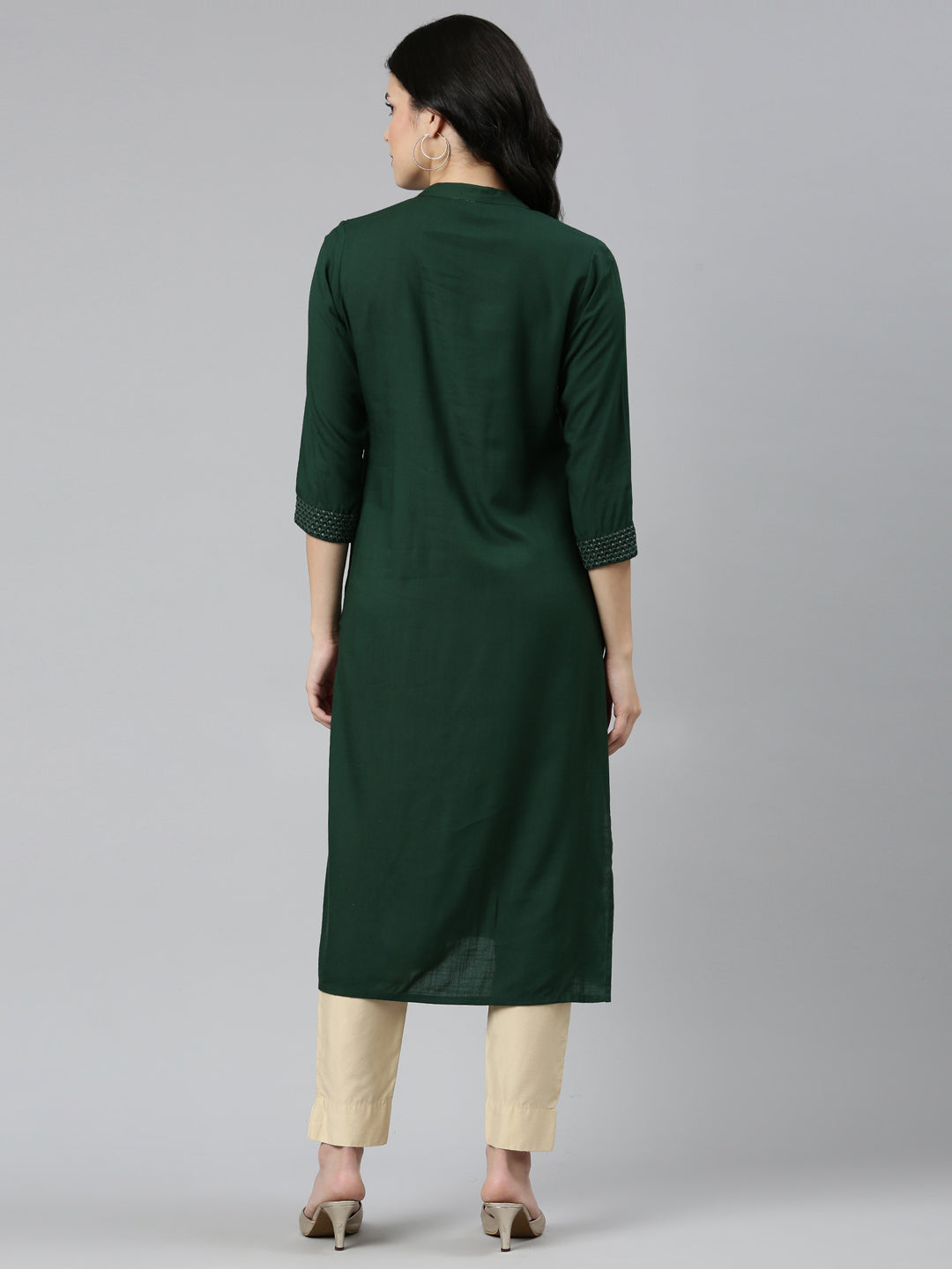 Neerus Green solid tiered straight kurti - side view