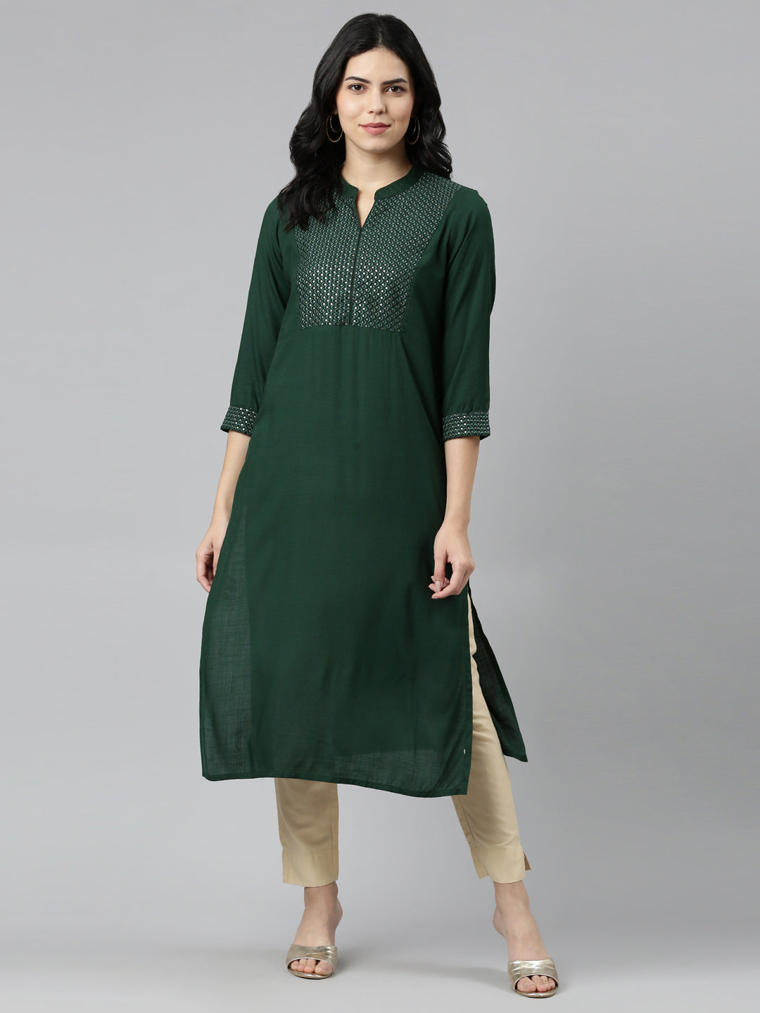 Neerus Green solid tiered straight kurti - detail view 2