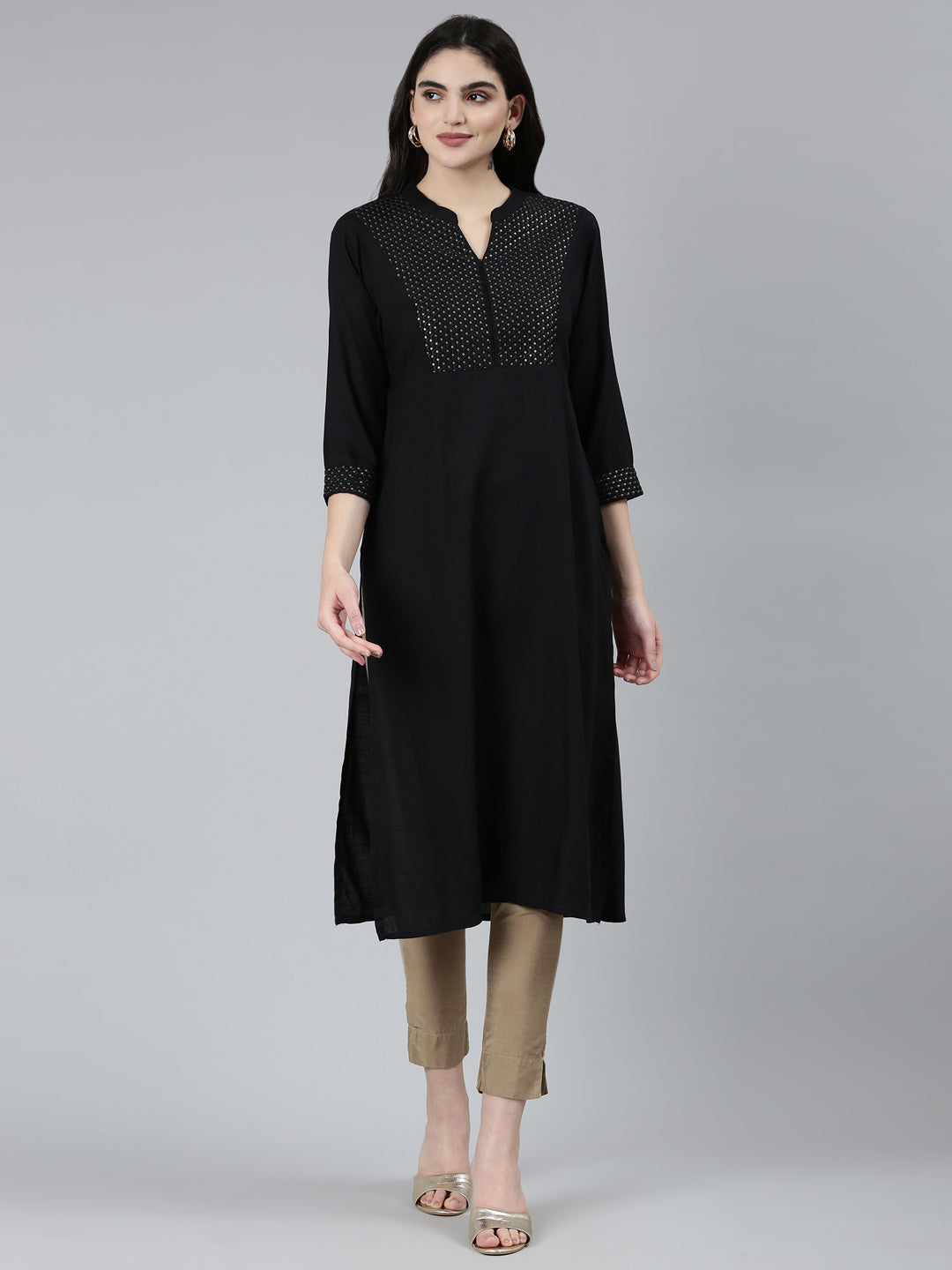 Neerus Black solid straight kurti - front view