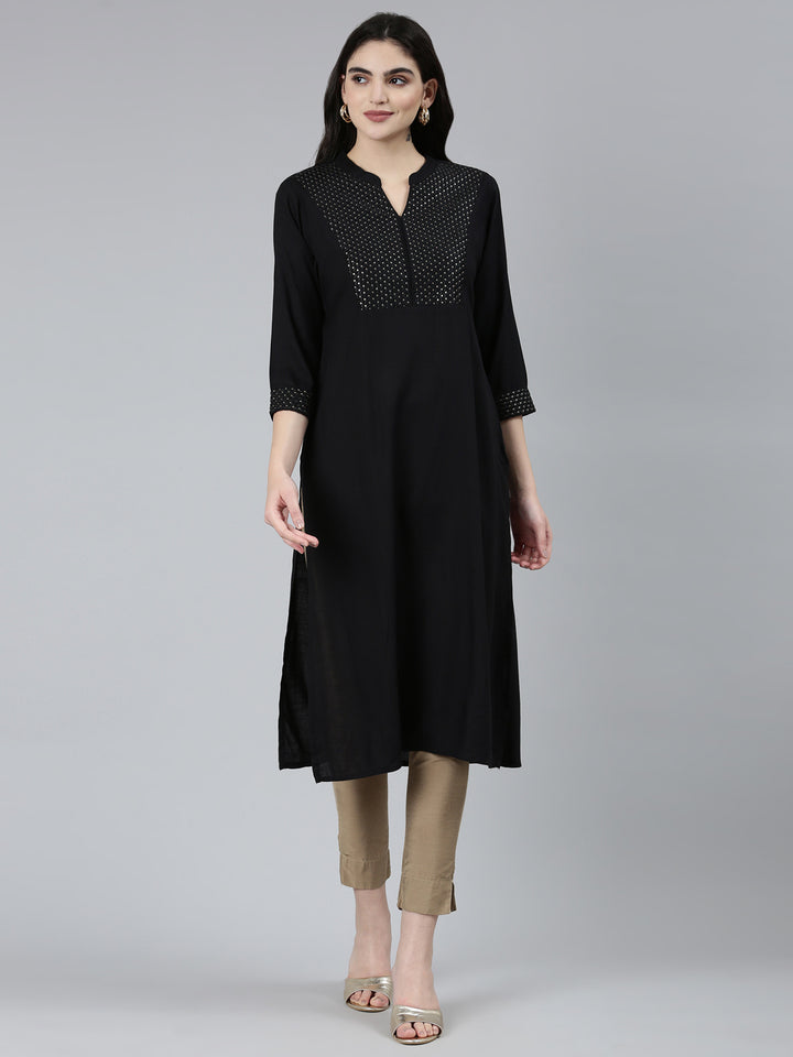 Neerus Black solid straight kurti - front view