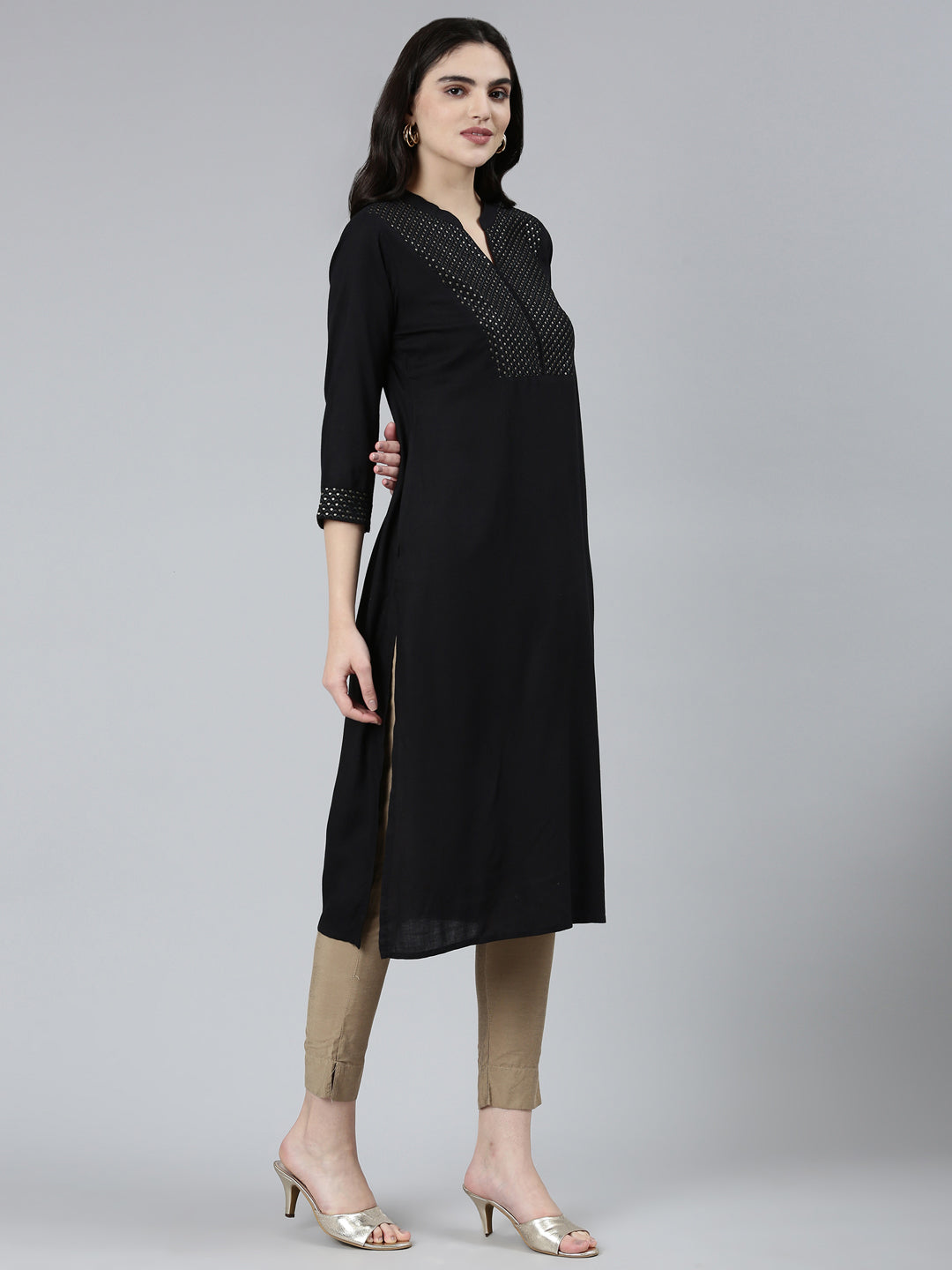 Neerus Black solid straight kurti - back view