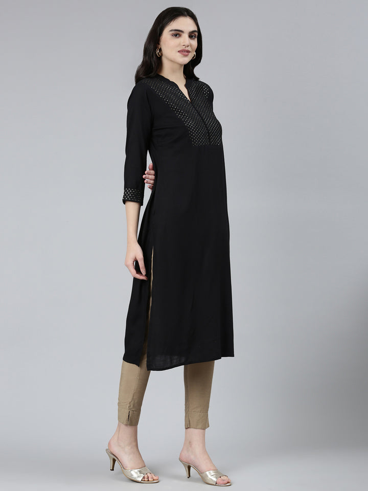 Neerus Black solid straight kurti - back view
