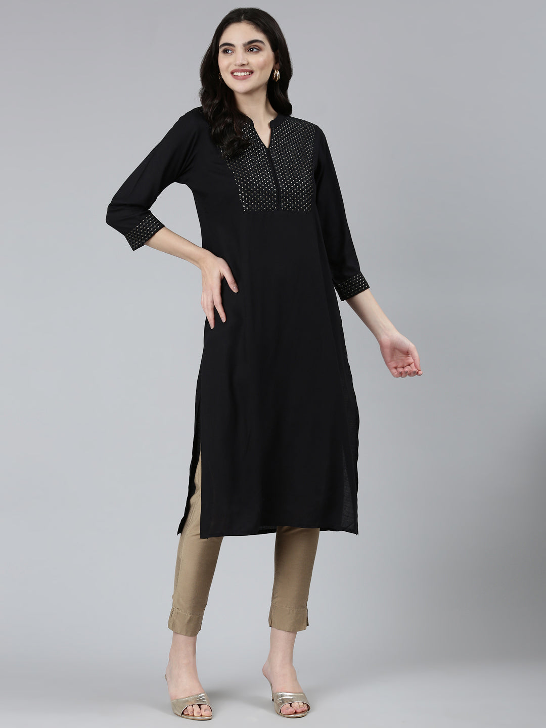 Neerus Black solid straight kurti - detail view 1