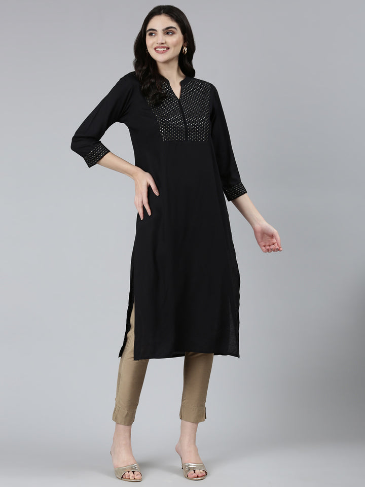 Neerus Black solid straight kurti - detail view 1