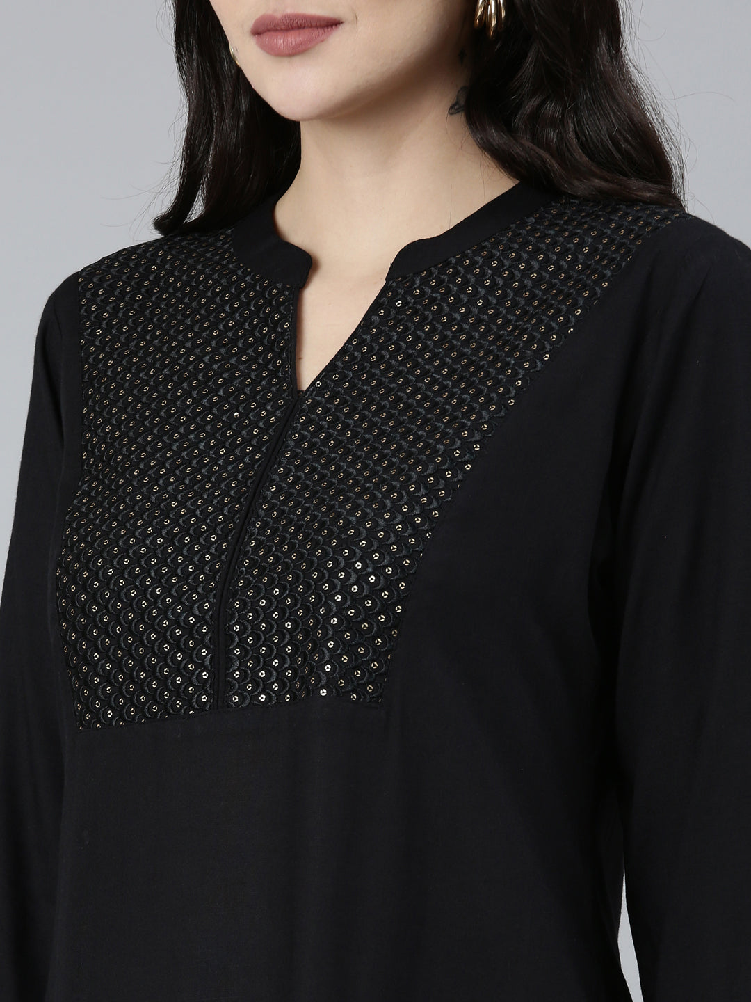 Neerus Black solid straight kurti - detail view 2