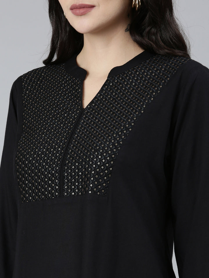 Neerus Black solid straight kurti - detail view 2
