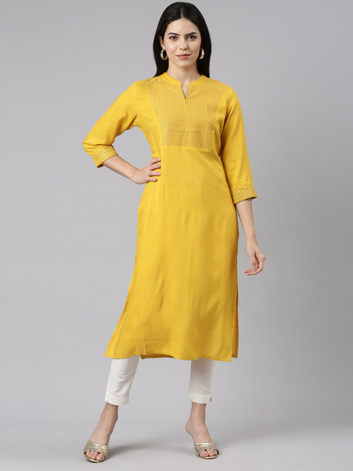 Neerus Yellow Tiered Straight Solid Kurtas