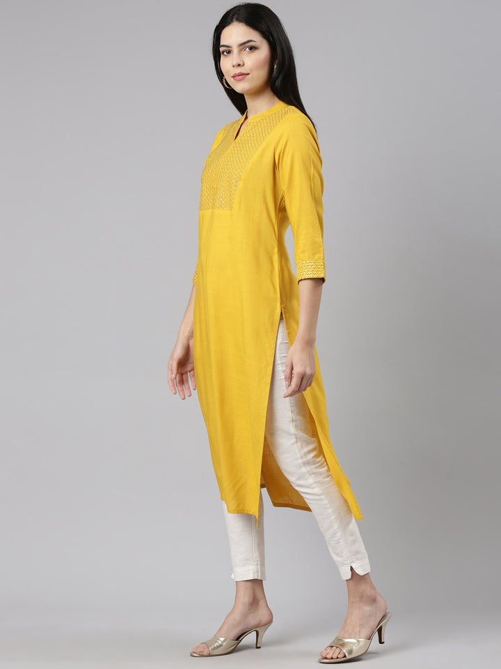 Neerus Yellow Tiered Straight Solid Kurtas